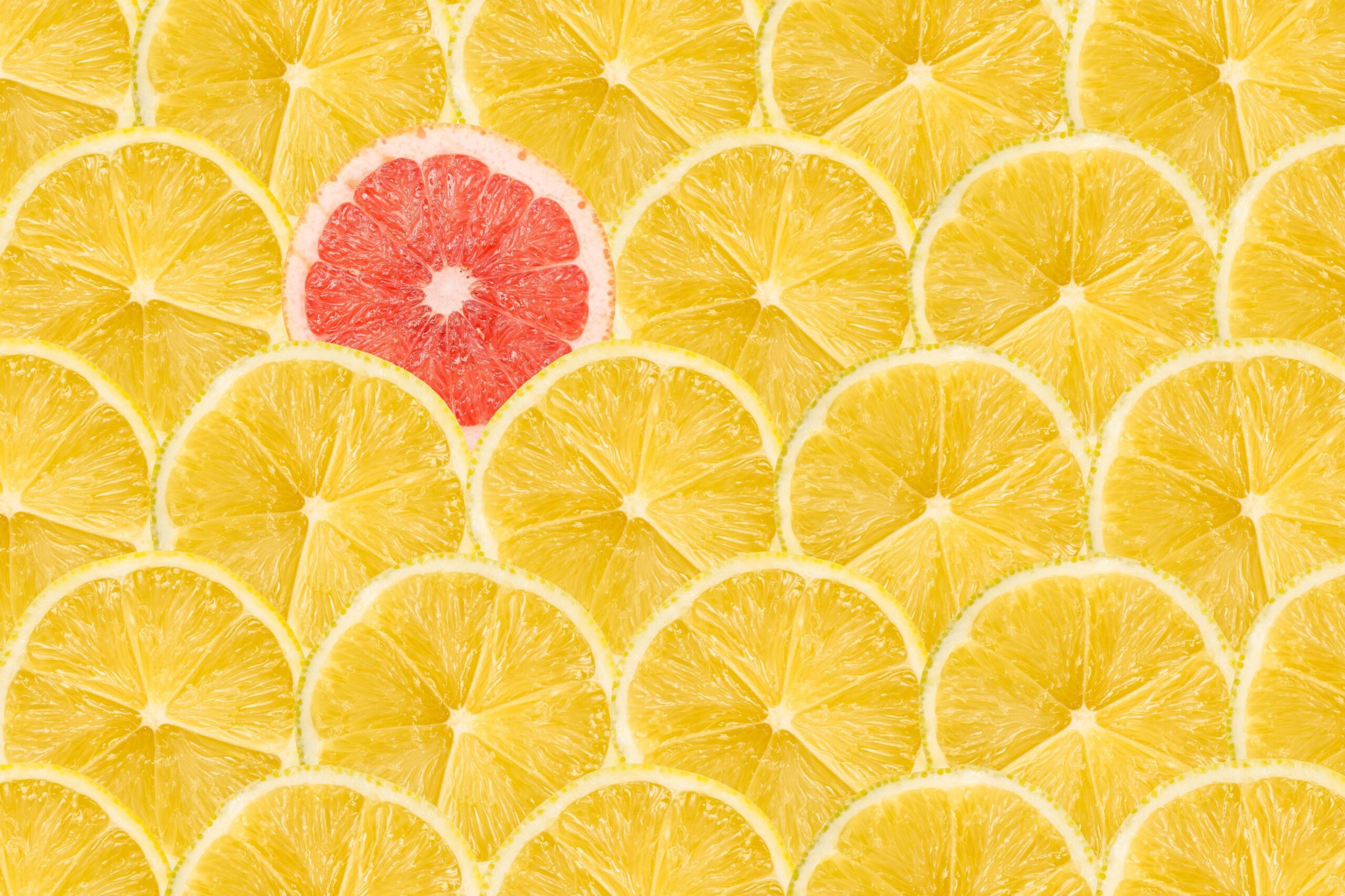 A recurring pattern of grapefruit slices with one standing out as pink. 