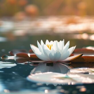 A lily pad floats in a tranquil pond.