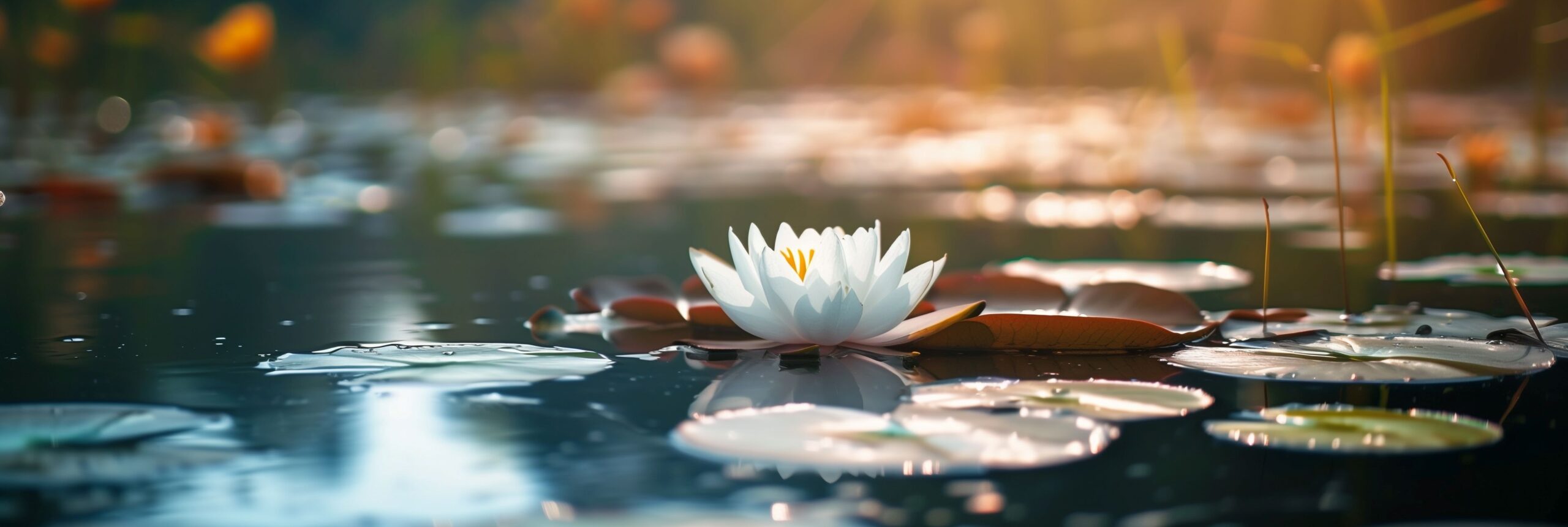 A lily pad floats in a tranquil pond.